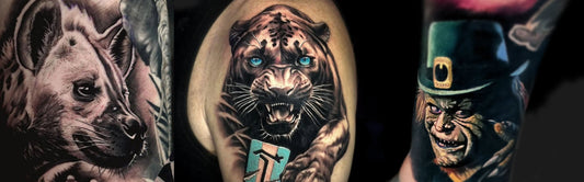 A black and gray tattoo featuring a detailed frog sitting on top of a clock on the torso, surrounded by two other tattoos: a colorful Super Mario character on the left arm and a menacing, grinning character with a helmet on the right arm.