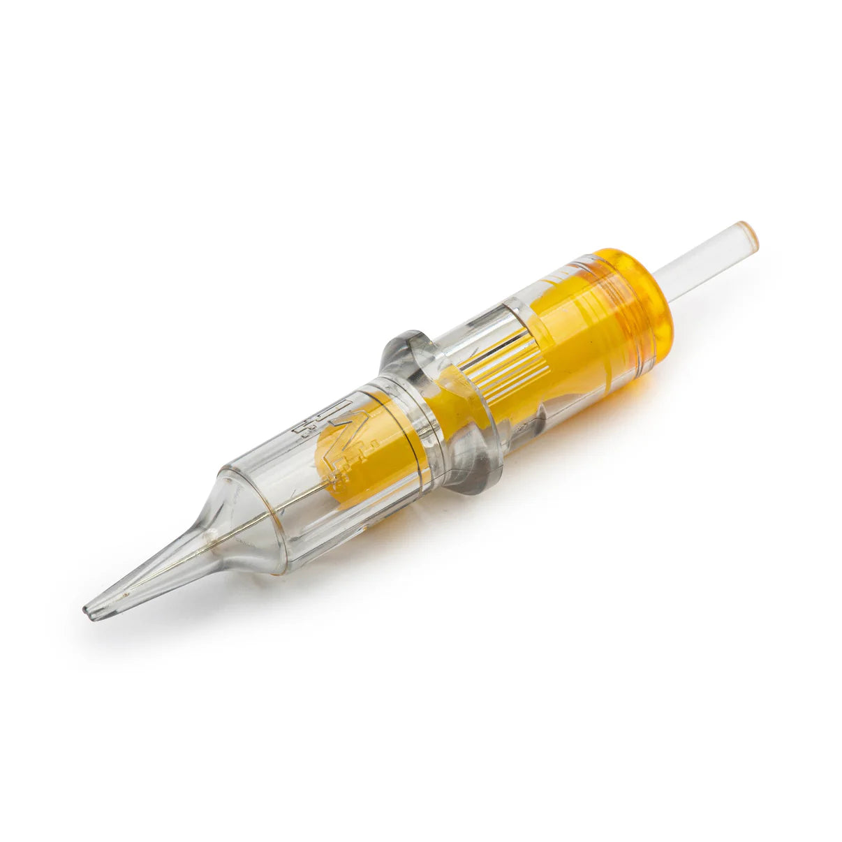 Matrix Genesis Round Liner tattoo cartridge needle with a transparent casing and gold grip. Perfectly designed for sharp, precise lines, offering smooth ink flow and professional-grade performance.